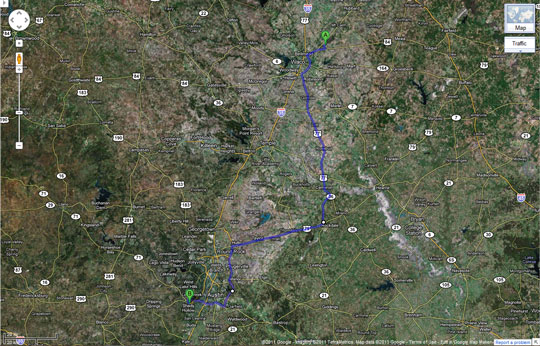 Route from Jim's Cycle in Axtell to Austin